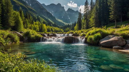 Panoramic view of a mountain river in the Alps. Switzerlandの写真素材