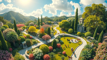 Aerial view of a beautiful landscaped garden with a lot of flowersの写真素材