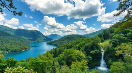 Panoramic view of the lake in the mountains. Beautiful summer landscape.の写真素材