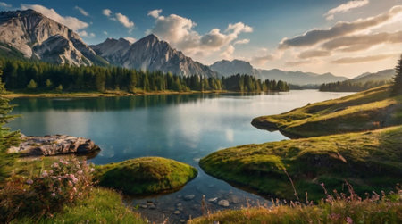 Panoramic view of a mountain lake in the Austrian Alps.