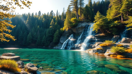 Mountain lake in the autumn forest. Waterfall in the mountainsの写真素材
