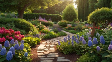 Beautiful blooming garden with colorful flowers in the morning light.の写真素材