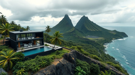 3d rendering of modern cozy house with pool and parking for sale or rent. Beautiful tropical island...