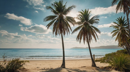 Palm trees on the beach with blue sky and white clouds.の写真素材