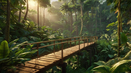 wooden walkway in the tropical rainforest with sunlight and fog