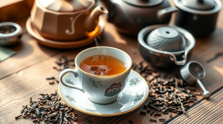 Cup of tea with teapot and cups on wooden table