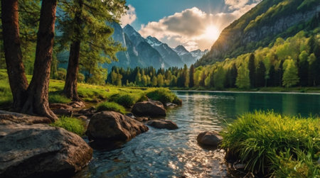 Beautiful alpine lake in the mountains at sunset. Landscape.の写真素材