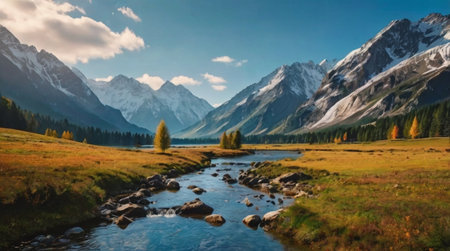 Panoramic view of autumn alpine landscape with mountain lake.の写真素材