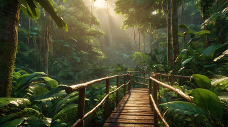 Wooden walkway in tropical rainforest with sun rays shining through the trees.の写真素材