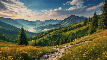 Panoramic view of the mountains. Summer landscape in the Carpathians.の写真素材