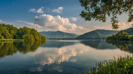 Landscape of a beautiful lake with blue sky and clouds reflected in waterの写真素材