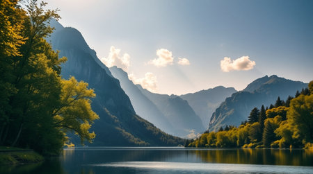 Panoramic view of alpine lake and mountains in autumn.の写真素材