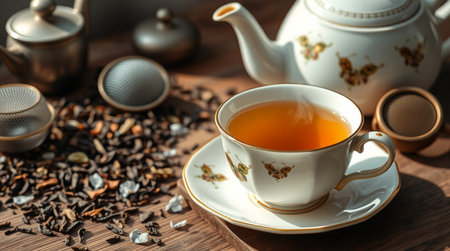 Cup of tea and teapot on wooden table, closeup