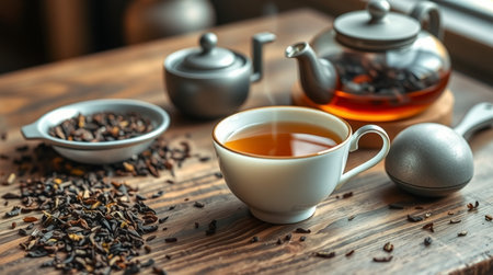 Cup of tea and teapot on wooden table, closeupの写真素材