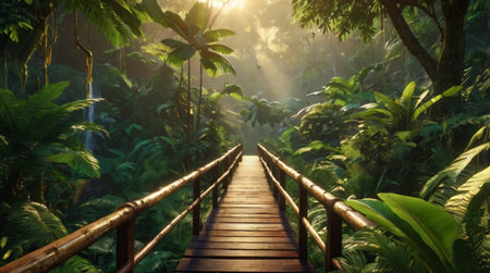 Wooden bridge in tropical forest with sunlight. 3d rendering.の写真素材