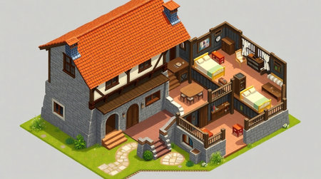 3d isometric house with terrace and garden, isolated on gray backgroundの写真素材