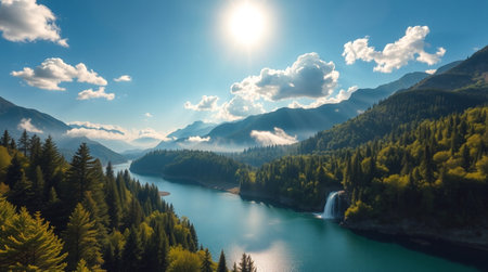 Aerial view of mountain lake and waterfall in sunny day. Beautiful nature landscape.の写真素材
