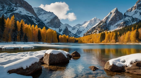 panoramic view of autumn alpine lake with snow covered trees