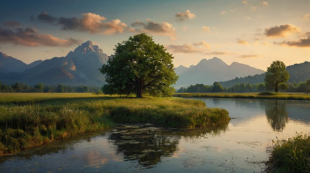 Beautiful summer landscape with green meadow, lake and mountains.