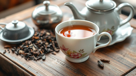 Cup of tea and teapot on wooden table, closeupの写真素材