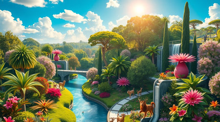 3D render of a beautiful garden with flowers in the park.の写真素材