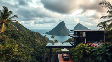 View from the terrace of a luxury villa in the tropics.の写真素材