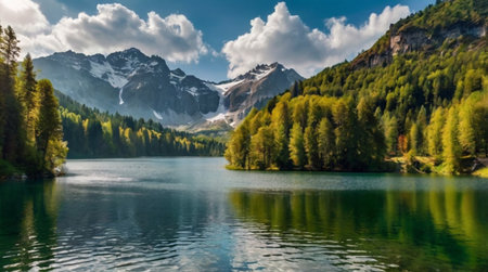 Panoramic view of the lake in the Alps.の写真素材