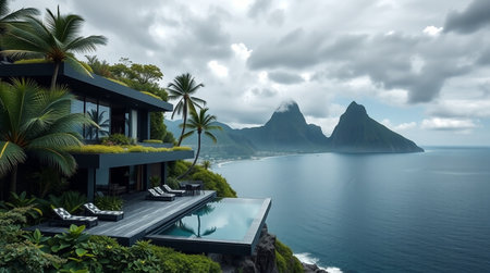 Panorama of luxury villa with swimming pool and sea view.の写真素材