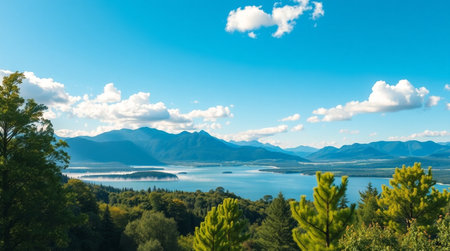 Panoramic view of the lake and mountains in the background.の写真素材
