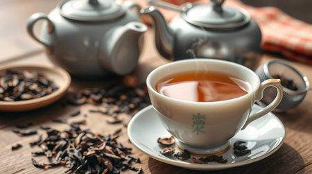 Cup of tea with teapot on wooden table, closeupの写真素材