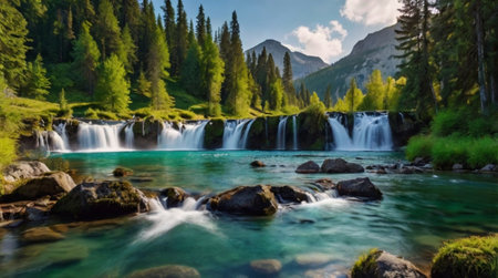 Beautiful waterfall in the mountains. Summer landscape. Mountain river.の写真素材
