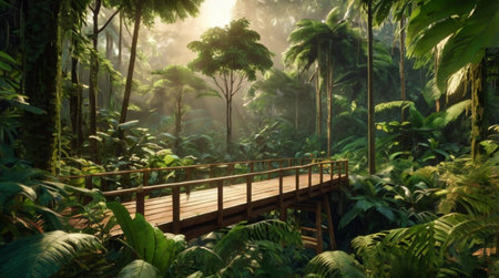 Wooden walkway in tropical rainforest - 3d render.