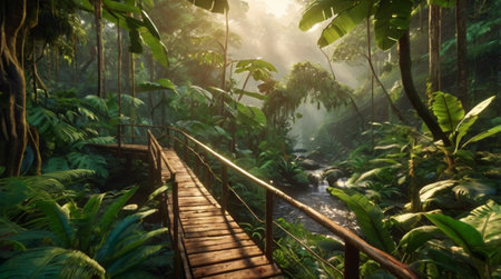 Wooden bridge in tropical rainforest with sunlight shining through the trees