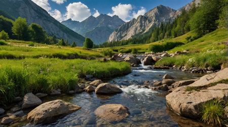 Mountain river in a valley in the High Tatra Mountains, Polandの写真素材