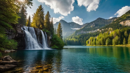 Beautiful mountain lake with a waterfall in the middle of the forestの写真素材