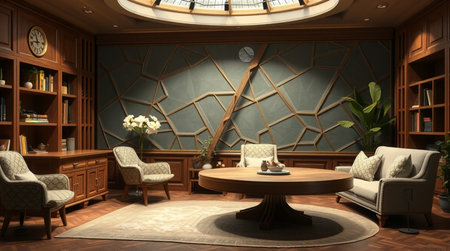 3D rendering of the interior of a hotel room with an arched window
