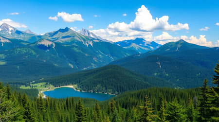 Panoramic view of the lake in the mountains. Summer landscape.の写真素材