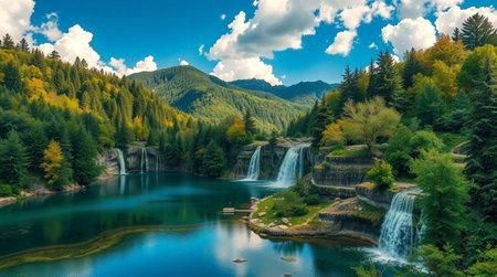 Beautiful autumn landscape with waterfalls in mountains. Carpathian, Ukraine.の写真素材