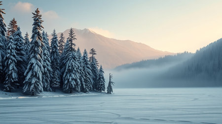 Foggy winter landscape with fir trees on the shore of frozen lakeの写真素材