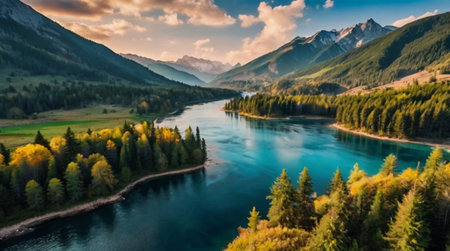 Aerial panoramic view of beautiful mountain lake with clear turquoise water and green forest on the...
