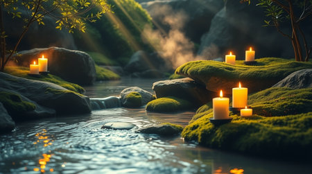 Candle light in the dark with green moss on the rock.の写真素材