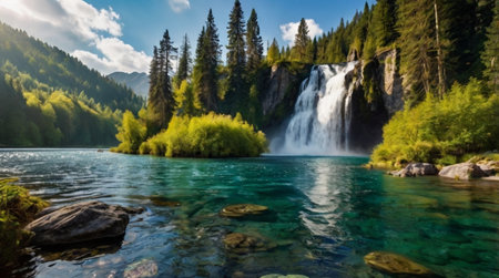 Panoramic view of a waterfall in the middle of a mountain lake