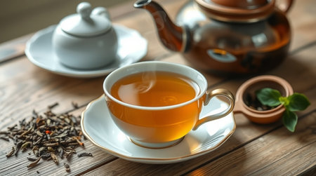 Cup of tea and teapot on wooden table, closeupの写真素材