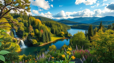 Autumn landscape in the mountains. The lake is surrounded by coniferous forest and high mountains.