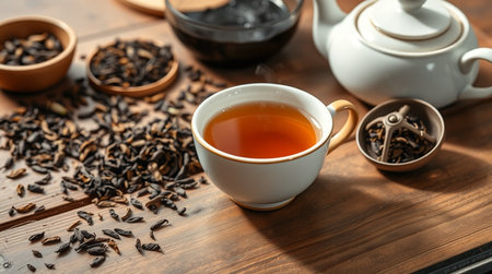 Cup of tea and teapot on wooden table, closeupの写真素材