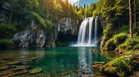 Beautiful waterfall in the forest. Summer landscape with a waterfall.