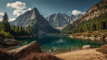Panoramic view of the lake in the Dolomites, Italyの写真素材