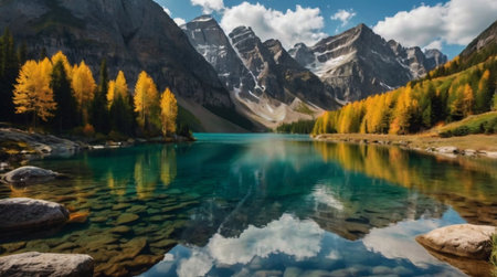 Beautiful alpine lake in the mountains. Reflection in the waterの写真素材