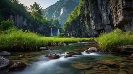 Waterfall in the mountains. Beautiful landscape of the mountain river.の写真素材