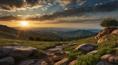 Sunset in the mountains. Panoramic view of the mountains.の写真素材